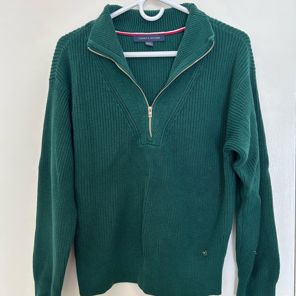 💚Tommy Hilfiger Women's Forest Green Zip-Up Sweater